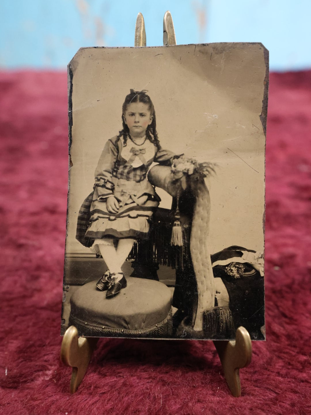 Lot 157 - Single Tintype Photograph, Young Girl Sitting On Top Of Chair, Curly Braids