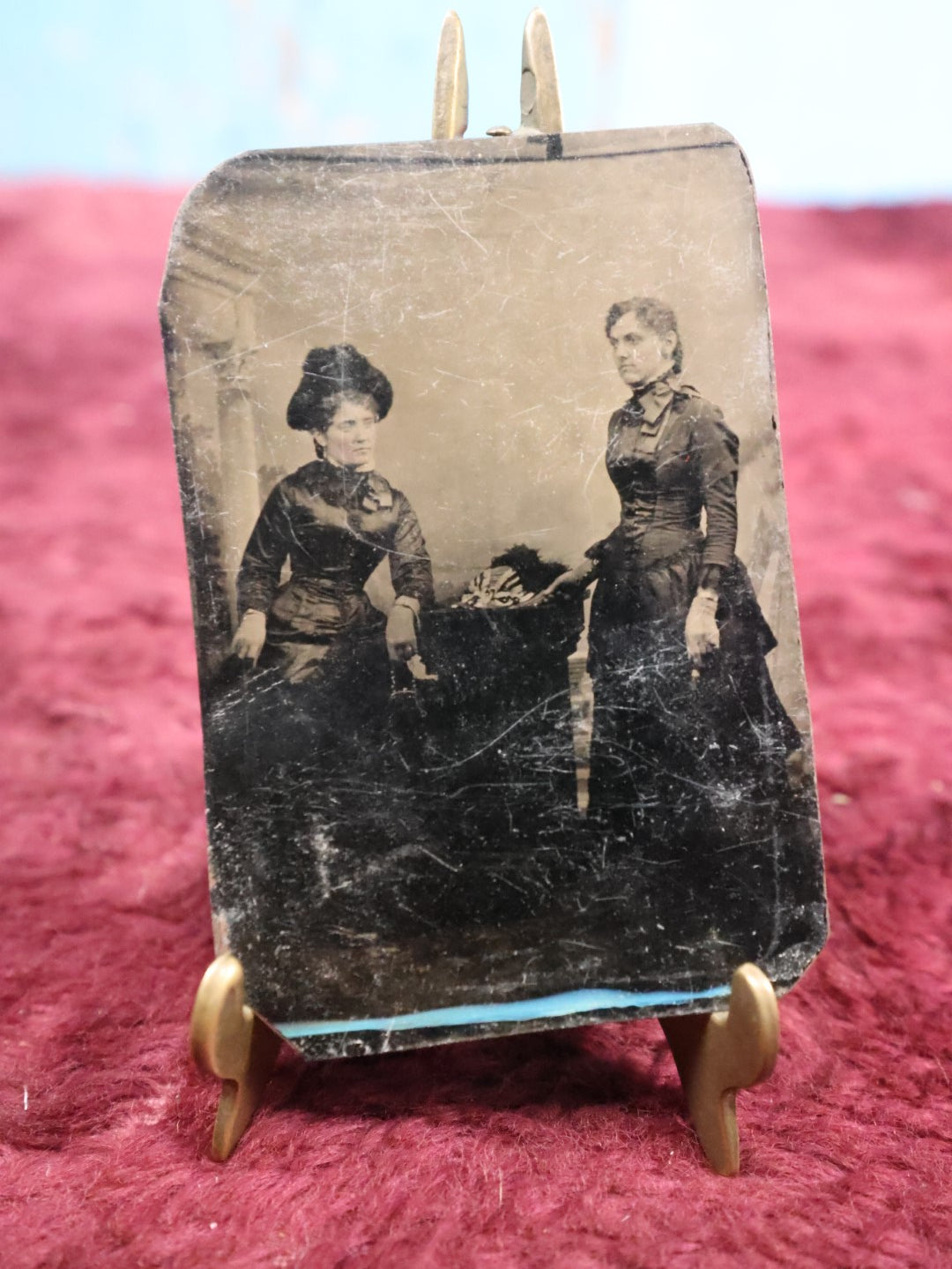 Lot 160 - Single Tintype Photograph, Two Women Looking Opposite Directions, Wearing Gloves