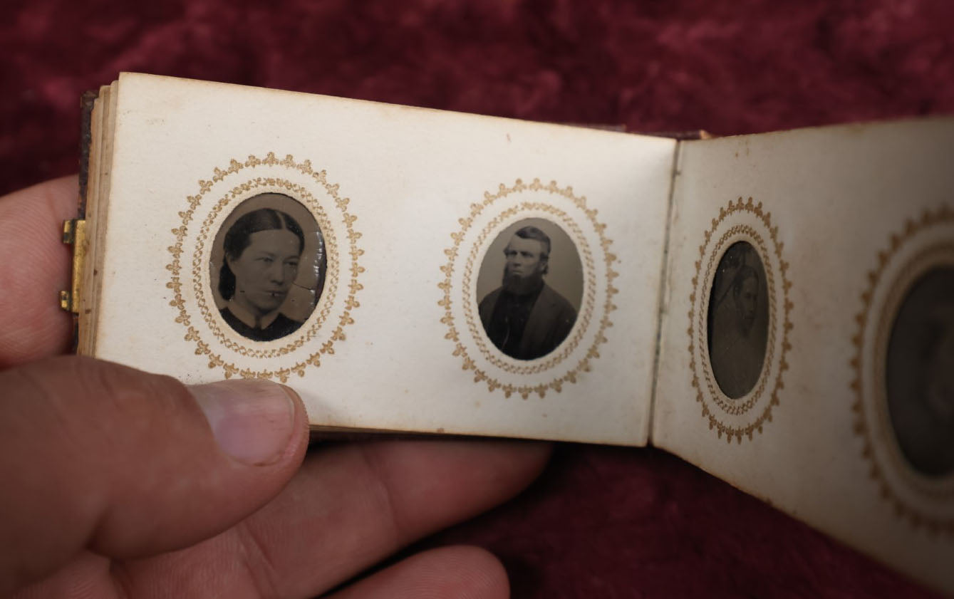 Lot 008 - Full Antique Gem Tintype Photo Album With Approximately 48 Images Of Women, Children, And Men