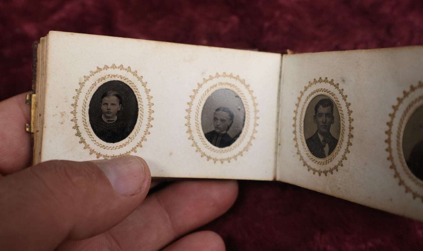 Lot 008 - Full Antique Gem Tintype Photo Album With Approximately 48 Images Of Women, Children, And Men