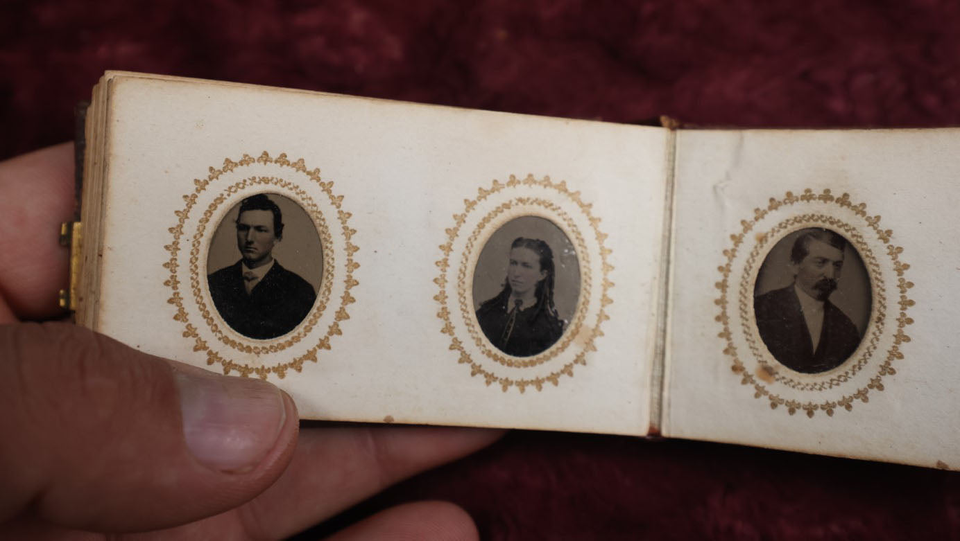 Lot 008 - Full Antique Gem Tintype Photo Album With Approximately 48 Images Of Women, Children, And Men