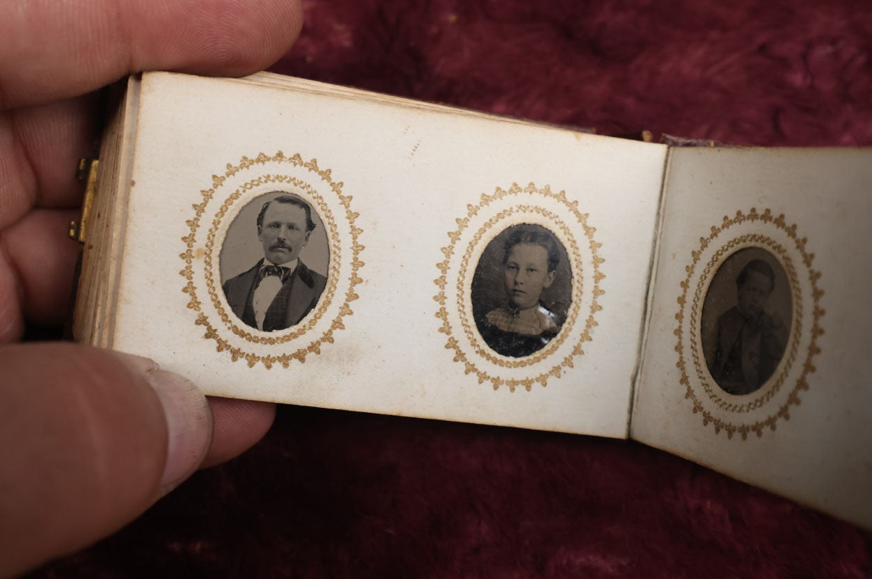 Lot 008 - Full Antique Gem Tintype Photo Album With Approximately 48 Images Of Women, Children, And Men