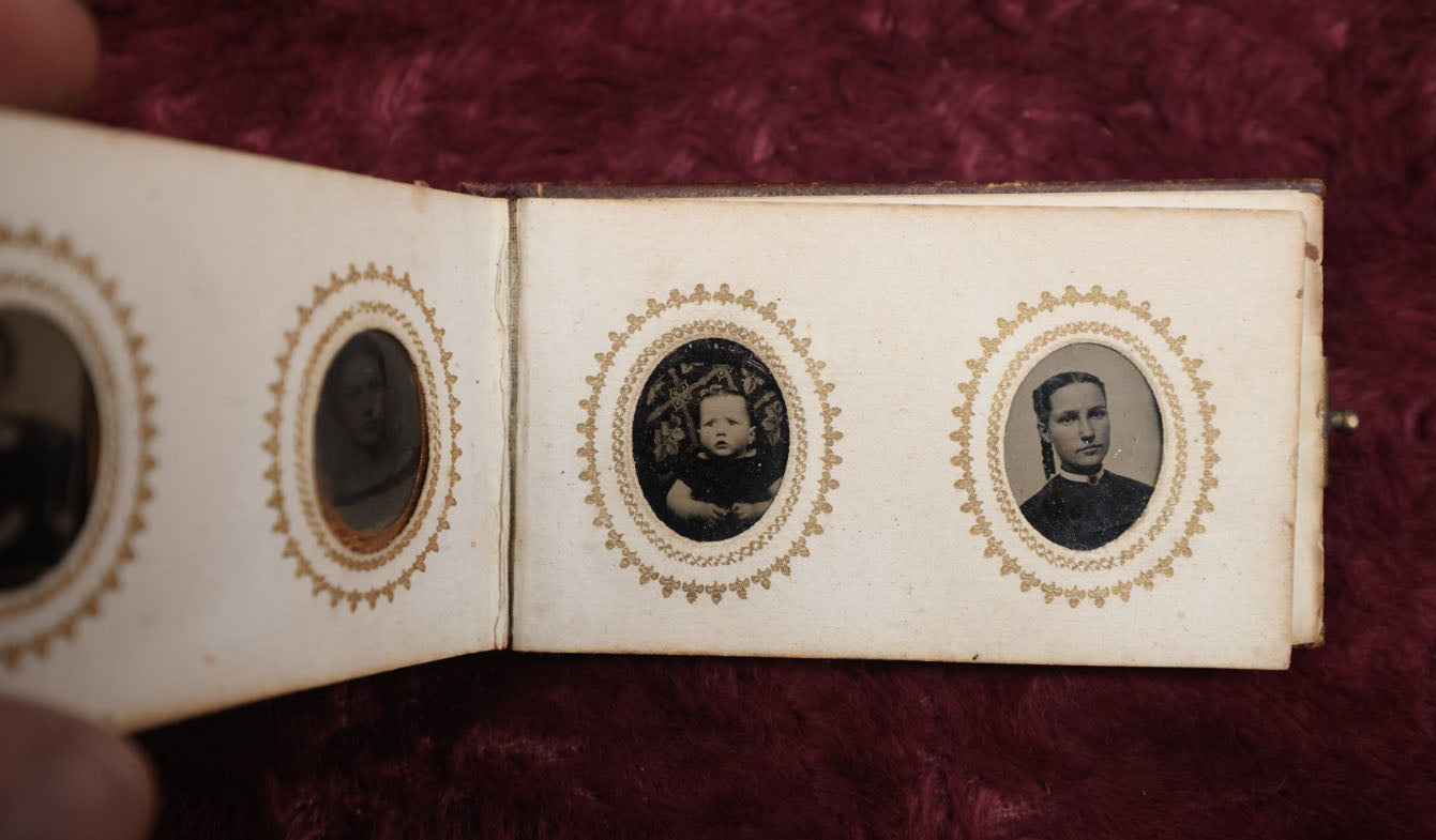 Lot 008 - Full Antique Gem Tintype Photo Album With Approximately 48 Images Of Women, Children, And Men