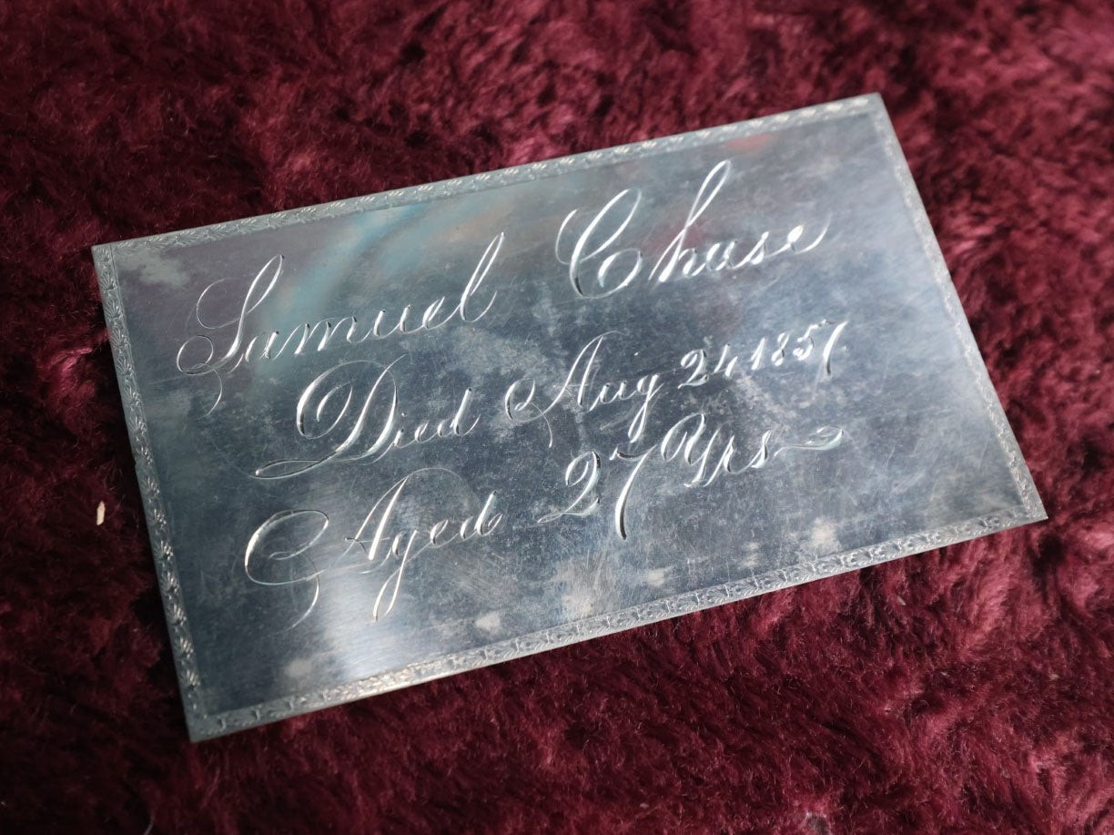 Lot 009 - Antique Engraved Memorial Casket Plaque For Samuel Chase, Died August 25, 1857, Aged 27 Years