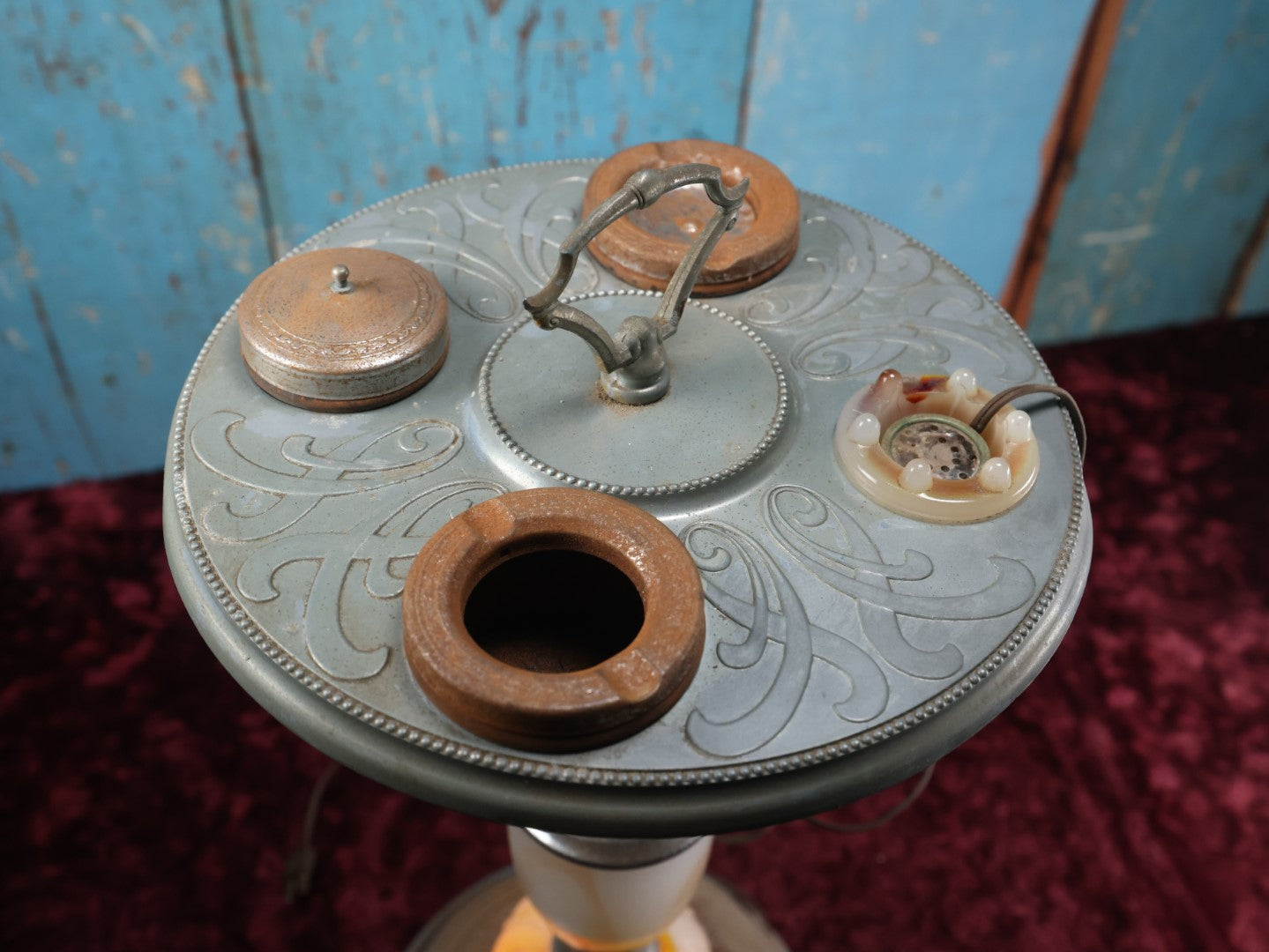 Lot 010 - Antique Art Deco Smoking Stand With Cadmium Slag Glass Accents, Glows Under U.V. Blacklight, See Notes