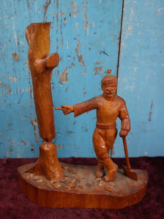 Lot 012 - Vintage Folk Art Wood Carved Lumberjack Figure On Base, Man Standing With Axe