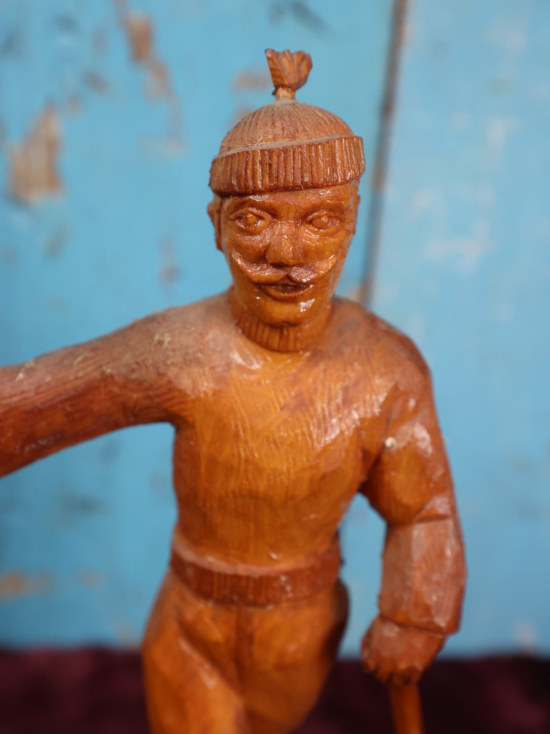 Lot 012 - Vintage Folk Art Wood Carved Lumberjack Figure On Base, Man Standing With Axe