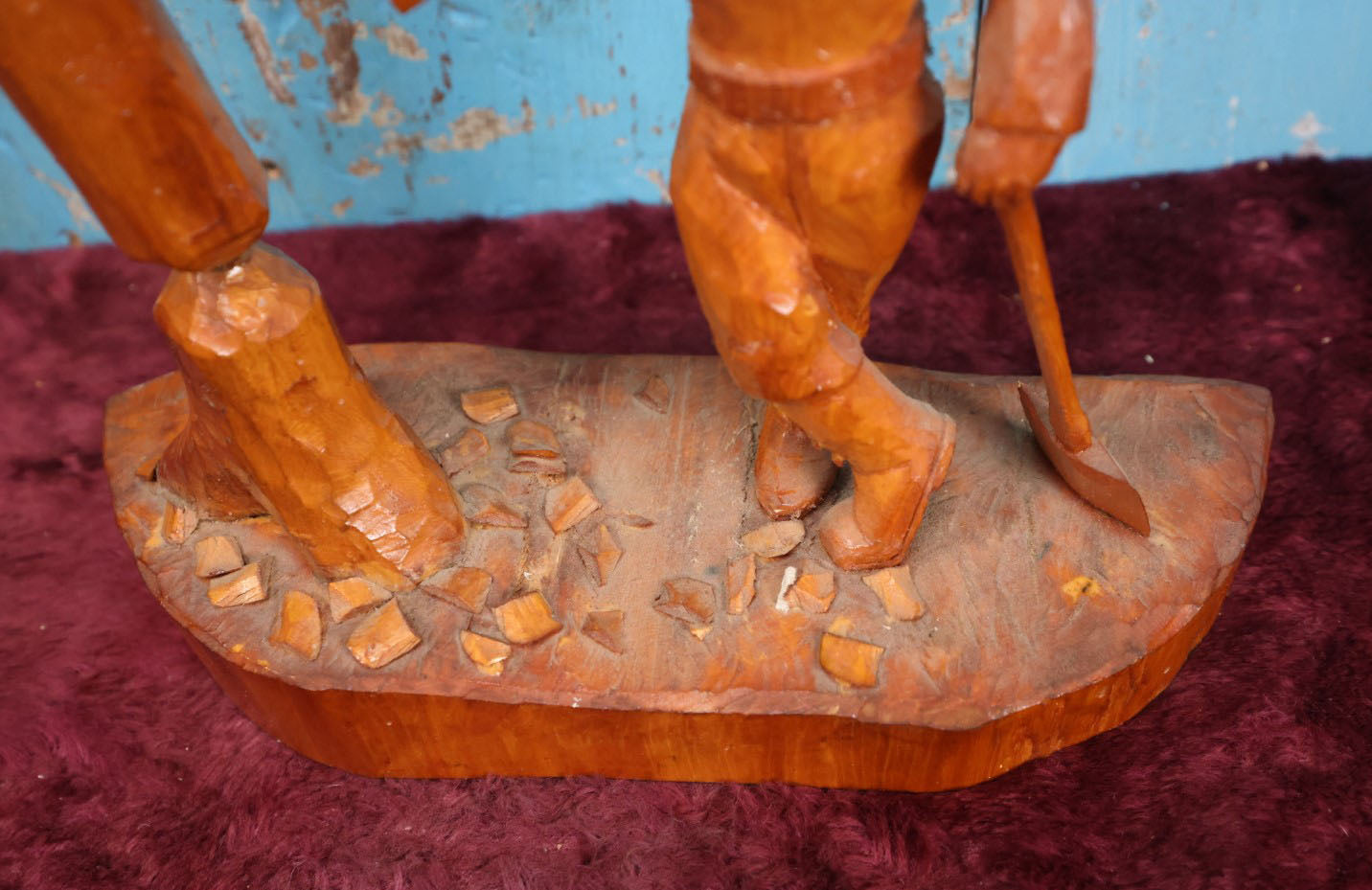 Lot 012 - Vintage Folk Art Wood Carved Lumberjack Figure On Base, Man Standing With Axe