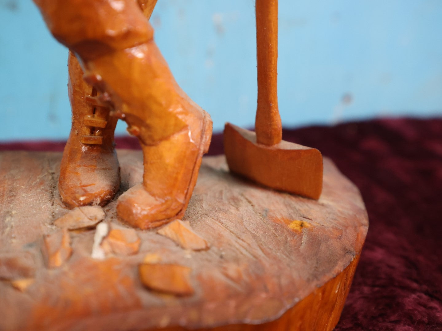 Lot 012 - Vintage Folk Art Wood Carved Lumberjack Figure On Base, Man Standing With Axe