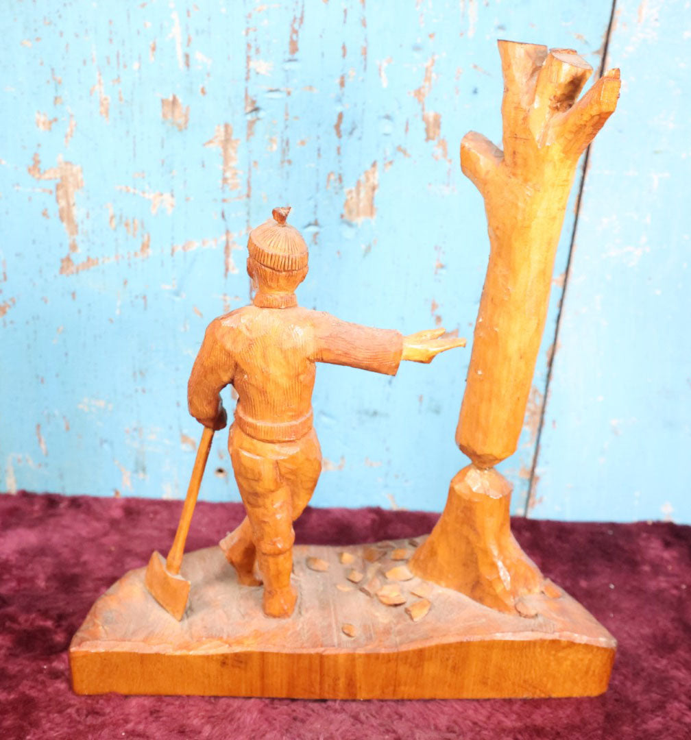 Lot 012 - Vintage Folk Art Wood Carved Lumberjack Figure On Base, Man Standing With Axe