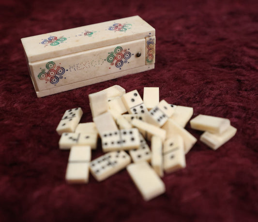 Lot 013 - Vintage Carved Bone Dominoes In Carved Bone Box, Marked Mexico, 26 Tiles In All