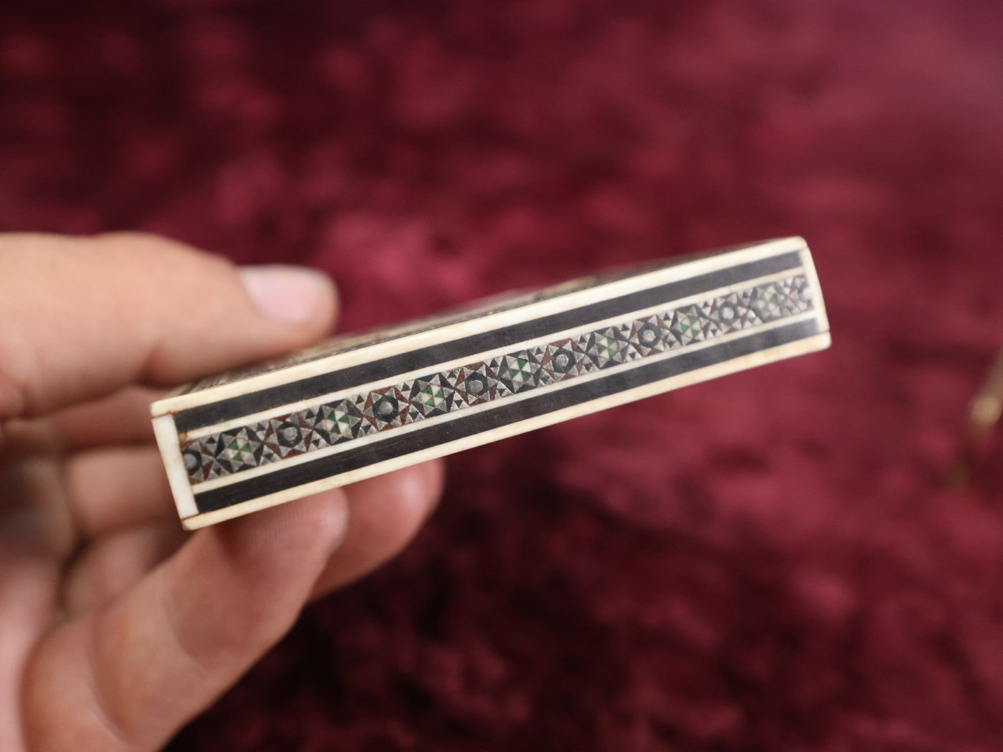 Lot 014 - Vintage Micro Mosaic Carved Bone Card Holder Case, Likely Middle Eastern, Various Losses & Wear