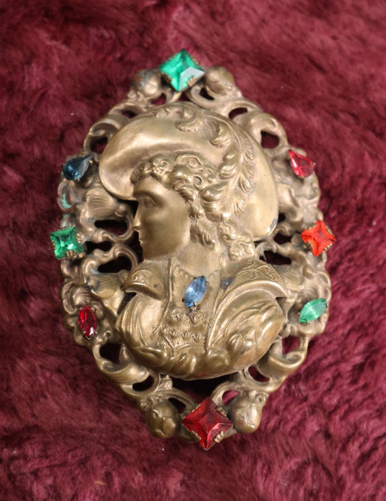 Lot 015 - Large Antique Art Nouveau Brooch With Woman In Hat, Many Colorful (Likely Glass) Gems, Pinback