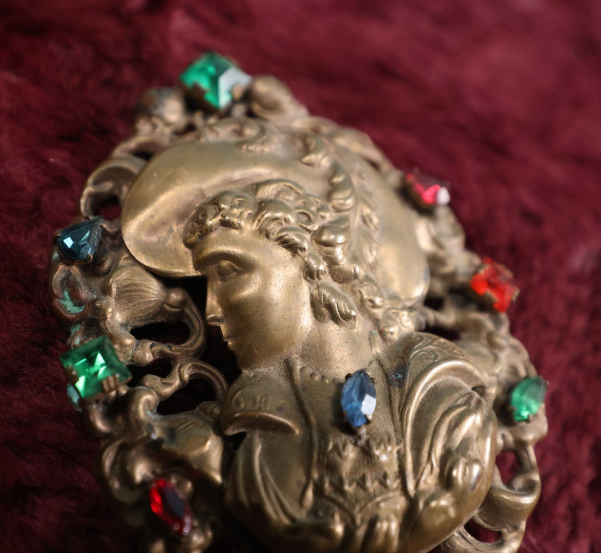 Lot 015 - Large Antique Art Nouveau Brooch With Woman In Hat, Many Colorful (Likely Glass) Gems, Pinback