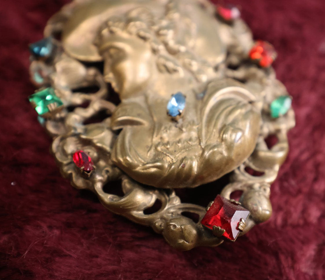 Lot 015 - Large Antique Art Nouveau Brooch With Woman In Hat, Many Colorful (Likely Glass) Gems, Pinback