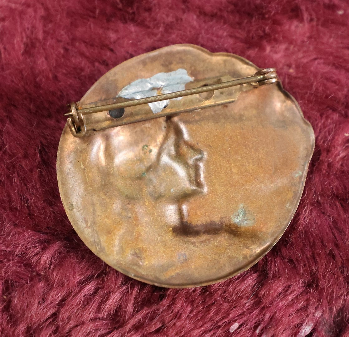 Lot 016 - Antique Copper Or Bronze Armand Bargas Button Brooch, Titled "Crepuscule," Or "Twilight," Featuring Bats In Flight Above Woman Adorned With Stars