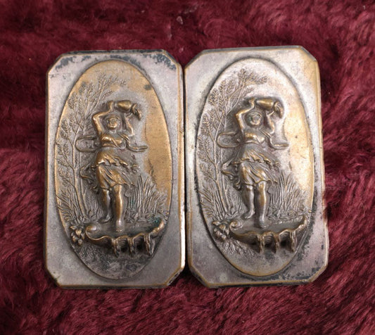 Lot 020 - Two Piece Antique Metal Belt Buckle Depicting A Woman In A Flowing Dress Carrying A Vessel Outdoors