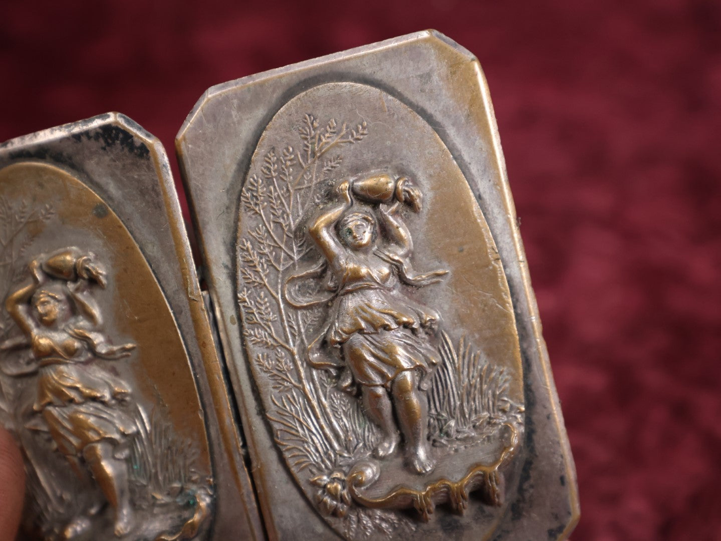 Lot 020 - Two Piece Antique Metal Belt Buckle Depicting A Woman In A Flowing Dress Carrying A Vessel Outdoors