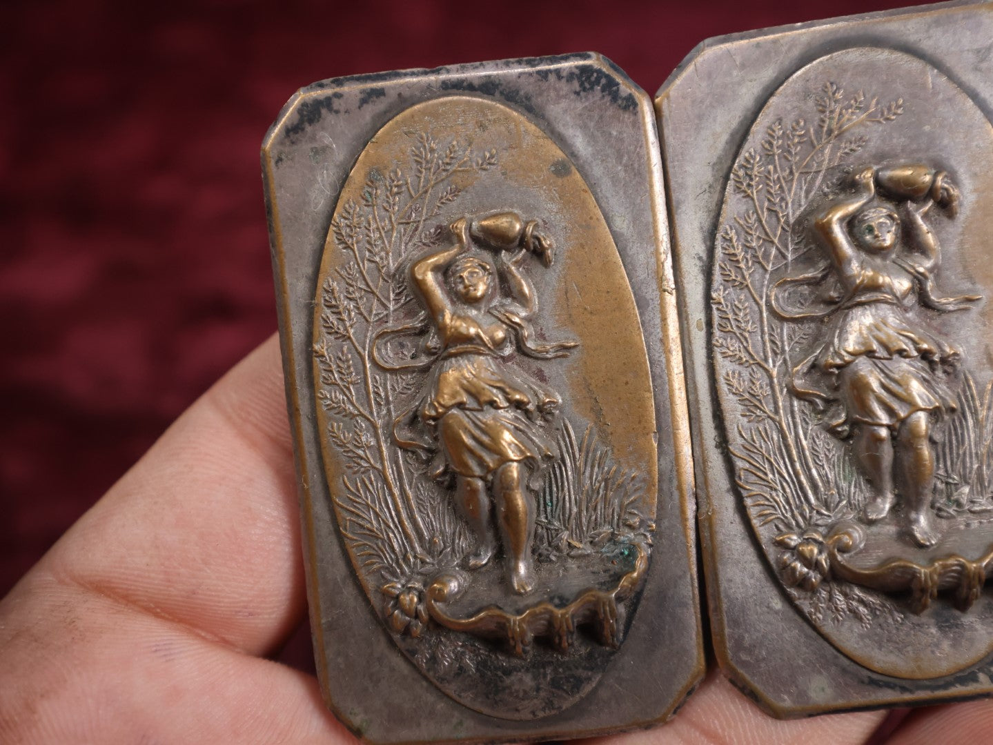 Lot 020 - Two Piece Antique Metal Belt Buckle Depicting A Woman In A Flowing Dress Carrying A Vessel Outdoors