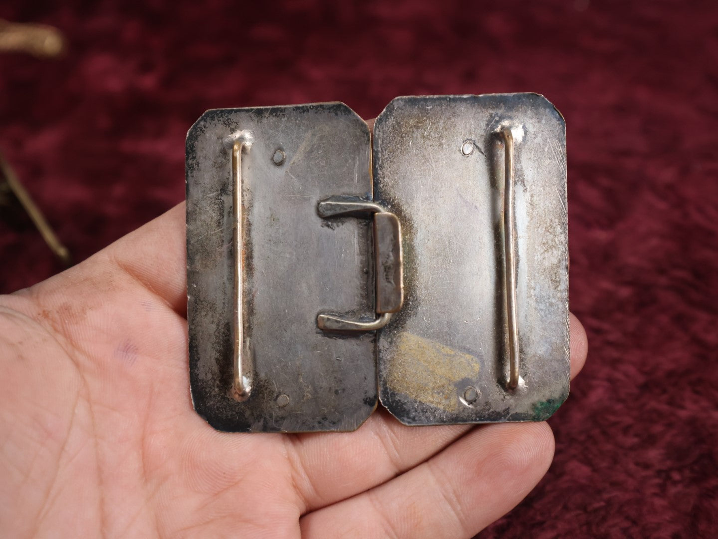 Lot 020 - Two Piece Antique Metal Belt Buckle Depicting A Woman In A Flowing Dress Carrying A Vessel Outdoors