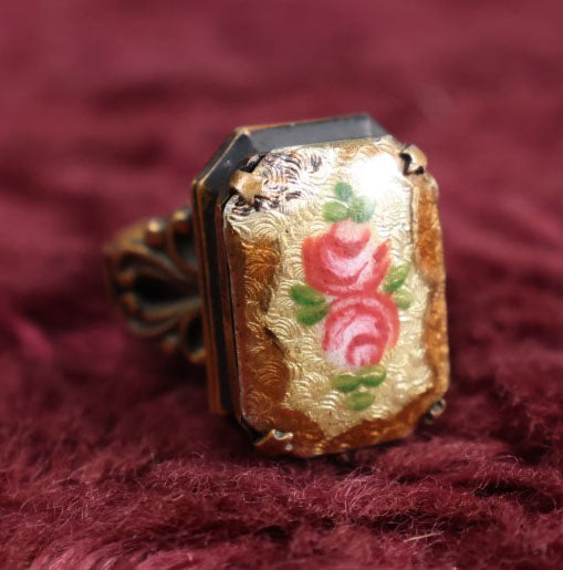 Lot 021 - Vintage Locket Ring With Painted Rose On An Octagonal Setting, Room For Two Small Images, Adjustable Size