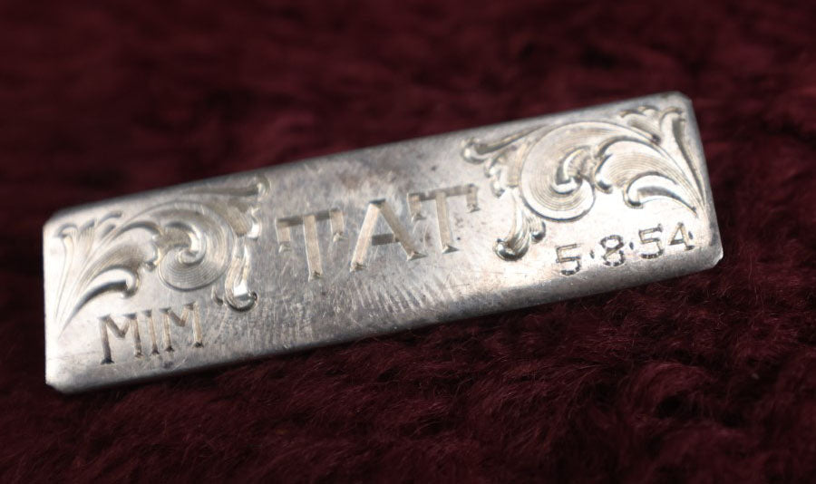 Lot 022 - Vintage Sterling Silver "T.A.T." Bar Brooch By Newman's Silver Shop, Reno, Nevada, Dated 5-8-54, M.I.M.