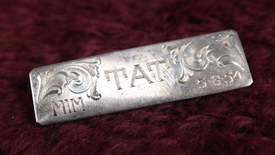 Lot 022 - Vintage Sterling Silver "T.A.T." Bar Brooch By Newman's Silver Shop, Reno, Nevada, Dated 5-8-54, M.I.M.