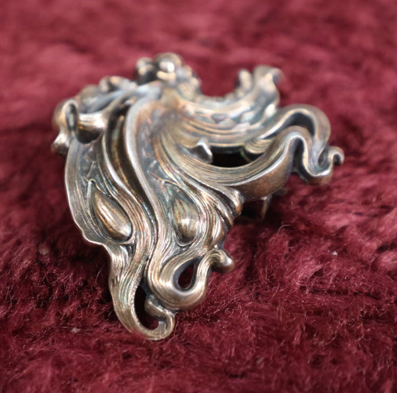 Lot 023 - Antique Sterling Silver Art Nouveau Belt Buckle With Swirling, Flowing Design, Marked Patent Applied For, Maker's Mark Illegible