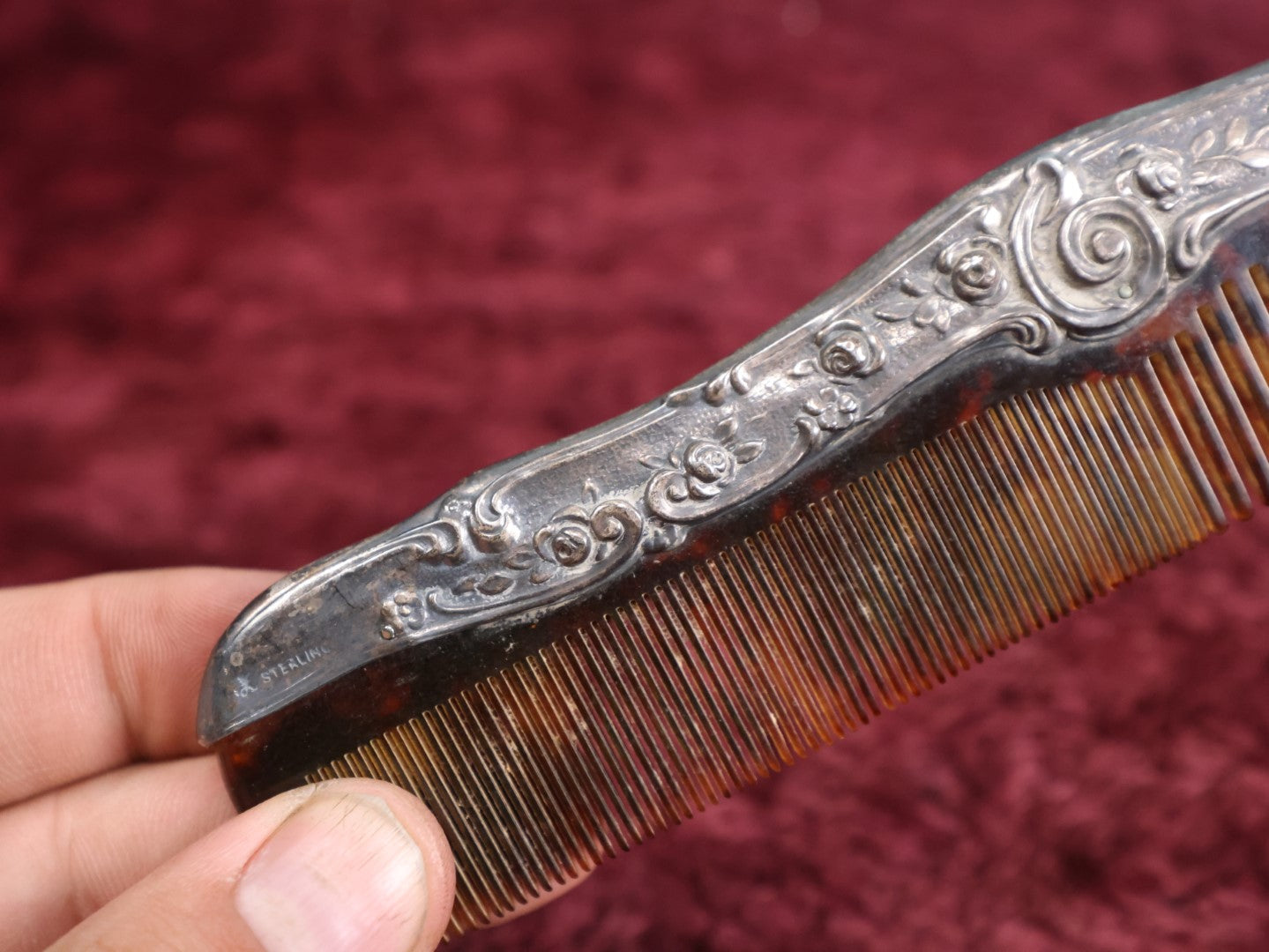 Lot 027 - Antique Tortoiseshell Style Comb With Sterling Silver Handle, Hallmark