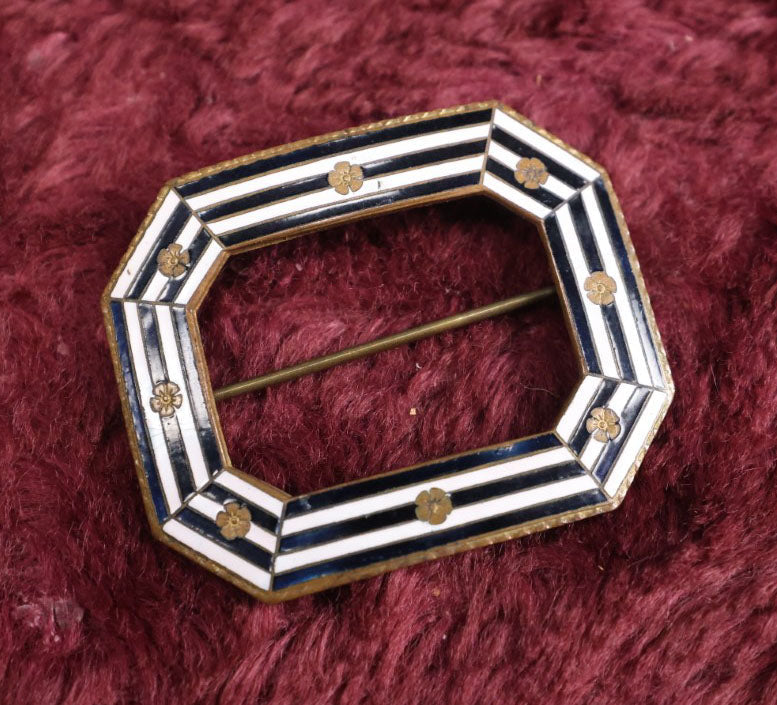 Lot 029 - Vintage Brass And Enamel Octagon Picture Frame Brooch With Black And White Stripes, Flowers, Pinback