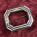 Lot 029 - Vintage Brass And Enamel Octagon Picture Frame Brooch With Black And White Stripes, Flowers, Pinback