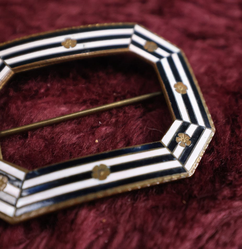 Lot 029 - Vintage Brass And Enamel Octagon Picture Frame Brooch With Black And White Stripes, Flowers, Pinback