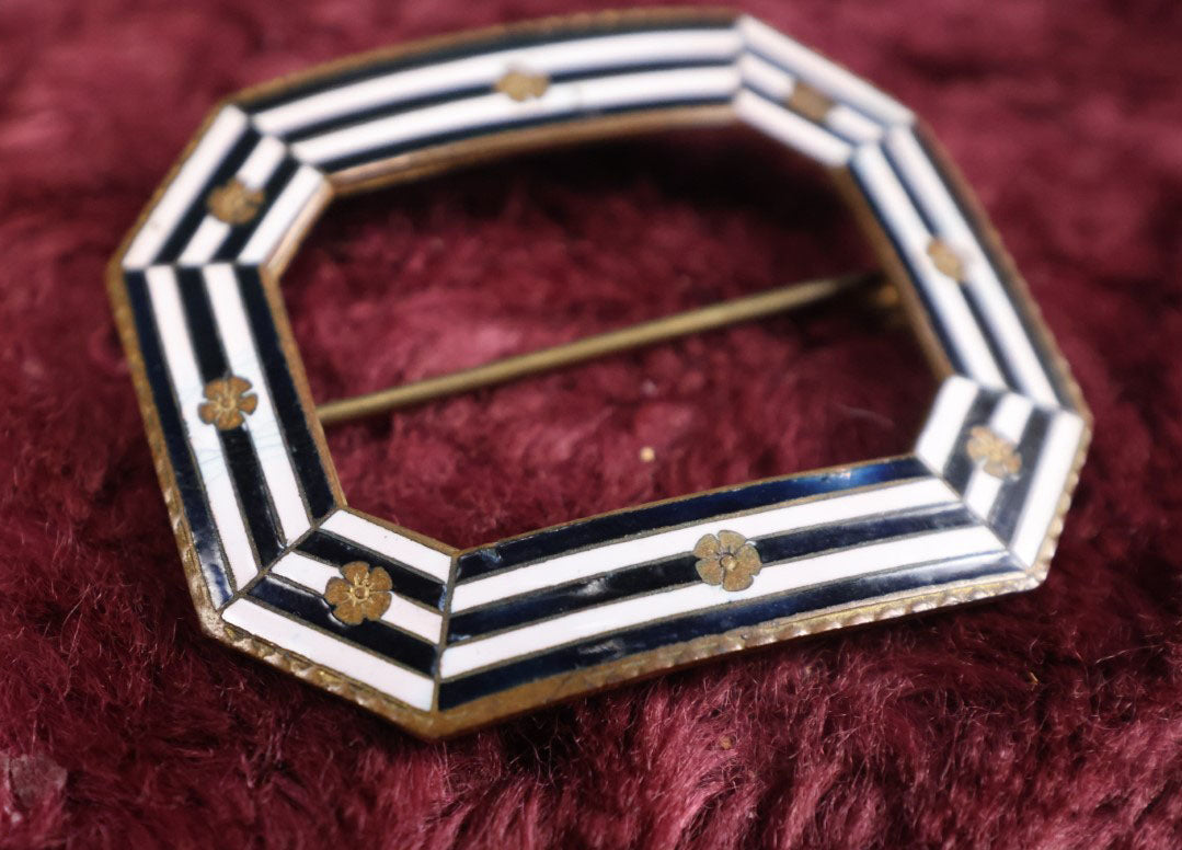 Lot 029 - Vintage Brass And Enamel Octagon Picture Frame Brooch With Black And White Stripes, Flowers, Pinback