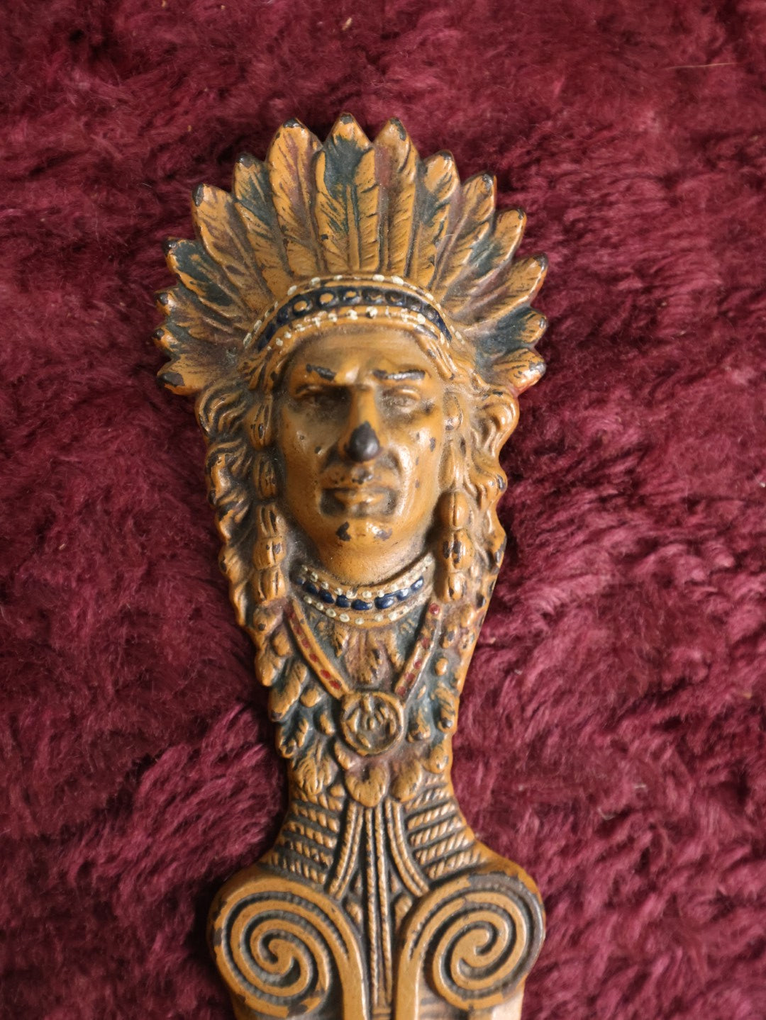 Lot 036 - Antique Native American Chief Head Cast Metal Letter Opener With Snake Motif