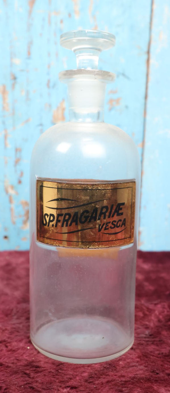 Lot 037 - Antique Strawberry Extract Apothecary Bottle With Glass "Sp. Fragariae Vesca" Label, Approximately 12", From H.R. Kimball Pharmacy, Hardwick, Vermont