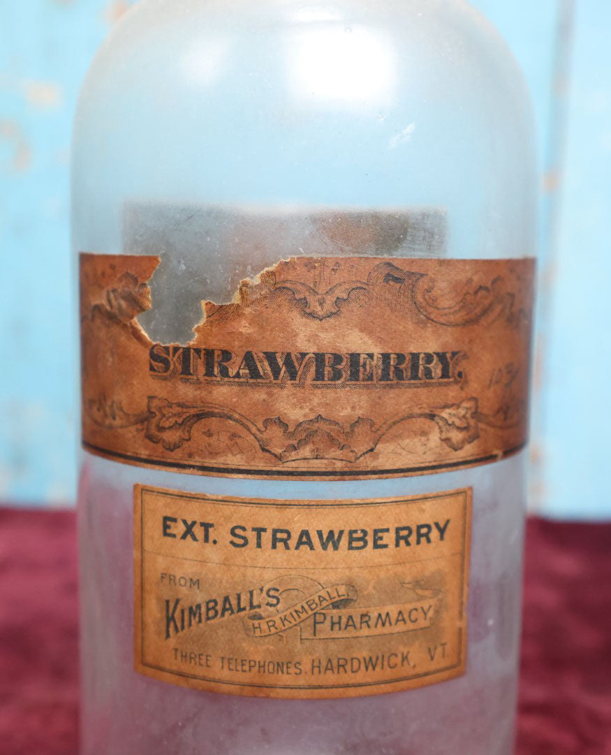 Lot 037 - Antique Strawberry Extract Apothecary Bottle With Glass "Sp. Fragariae Vesca" Label, Approximately 12", From H.R. Kimball Pharmacy, Hardwick, Vermont