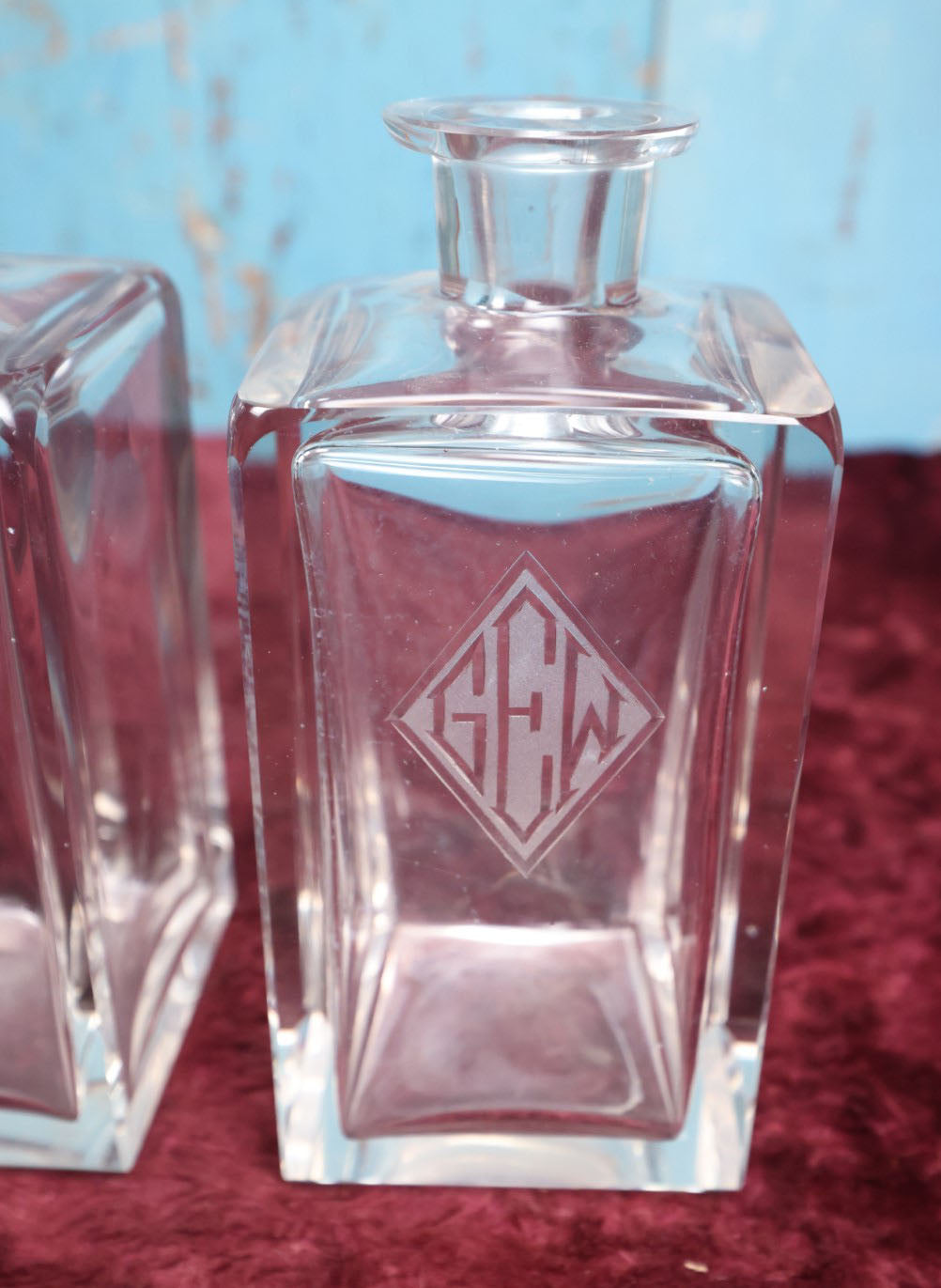 Lot 041 - Pair Of Art Deco Glass Decanters With G.E.W. Monogram