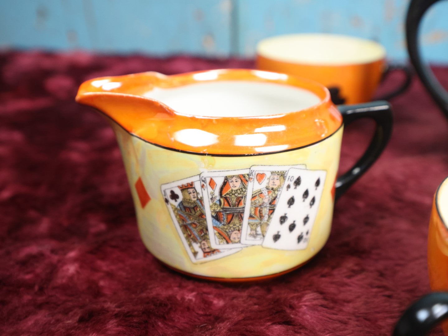 Lot 043 - Rudolf Wächter German Porcelain Lusterware Tea Set With Playing Card Motif, Includes Teapot, Sugar Bowl, Creamer, And Three Of Four Cups, Note Break On Sugar Bowl Arm