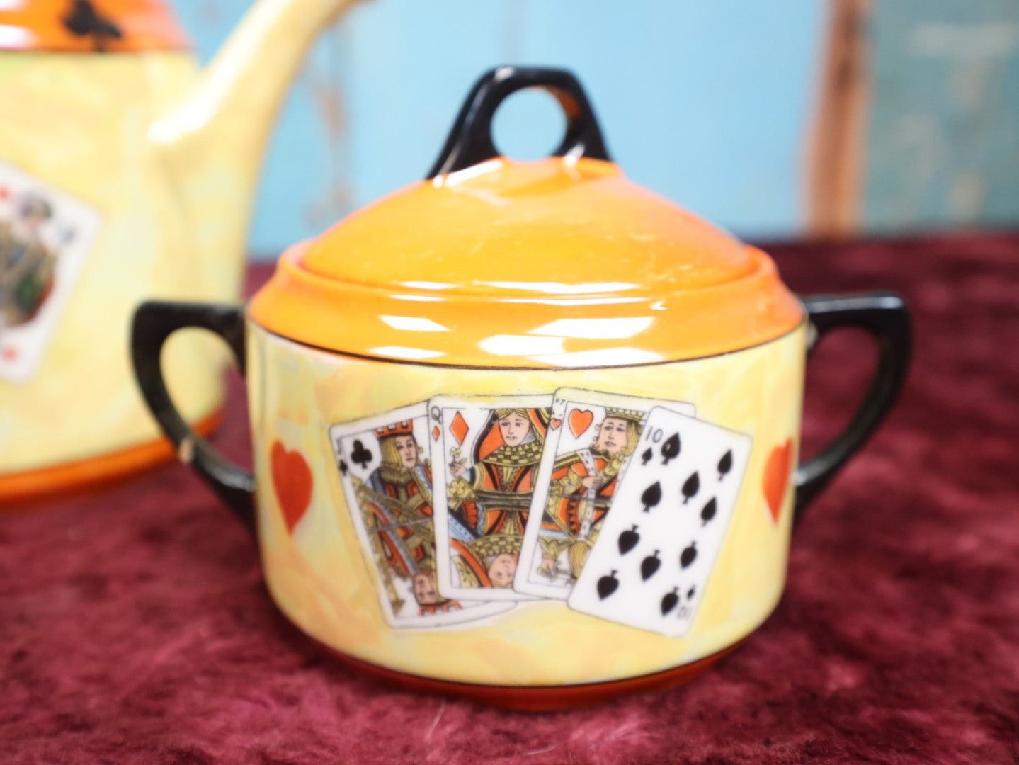 Lot 043 - Rudolf Wächter German Porcelain Lusterware Tea Set With Playing Card Motif, Includes Teapot, Sugar Bowl, Creamer, And Three Of Four Cups, Note Break On Sugar Bowl Arm