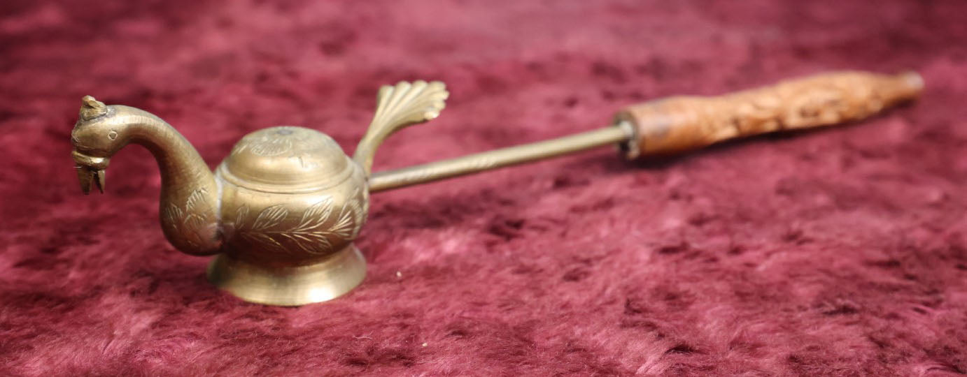 Lot 047 - Vintage Indian Brass Bird Candle Snuffer With Carved Wood Handle, Marked Sarna Brass, India, 143 T