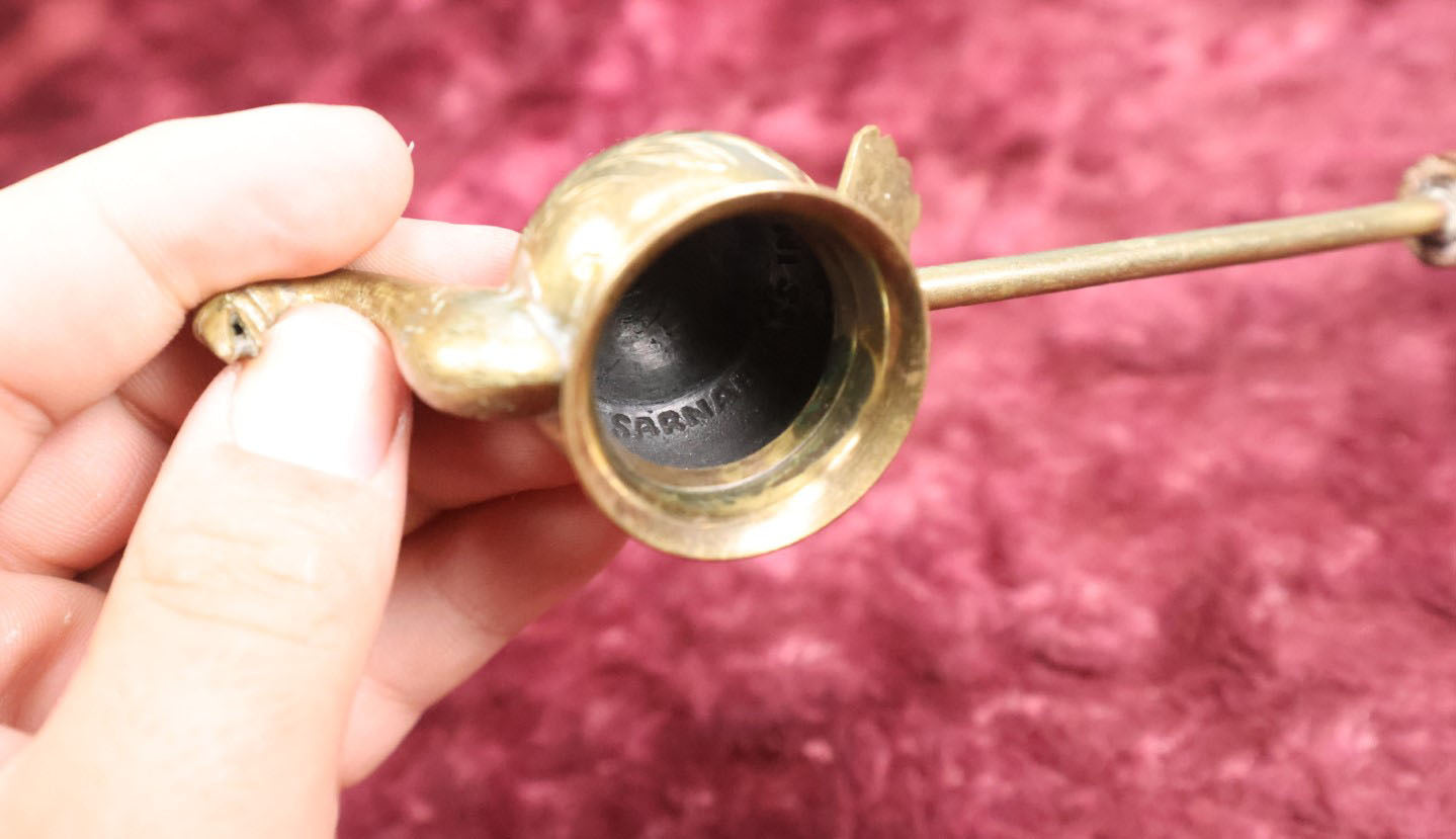 Lot 047 - Vintage Indian Brass Bird Candle Snuffer With Carved Wood Handle, Marked Sarna Brass, India, 143 T