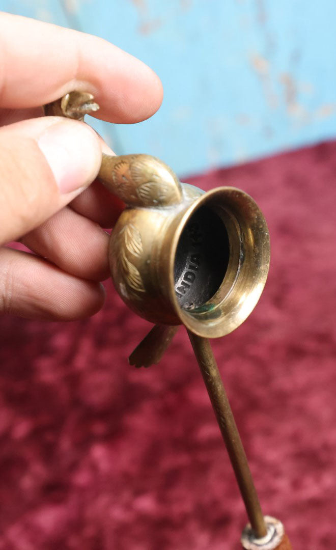 Lot 047 - Vintage Indian Brass Bird Candle Snuffer With Carved Wood Handle, Marked Sarna Brass, India, 143 T