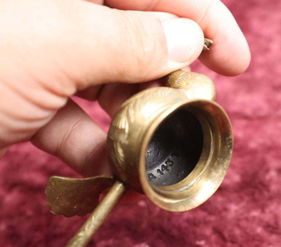 Lot 047 - Vintage Indian Brass Bird Candle Snuffer With Carved Wood Handle, Marked Sarna Brass, India, 143 T