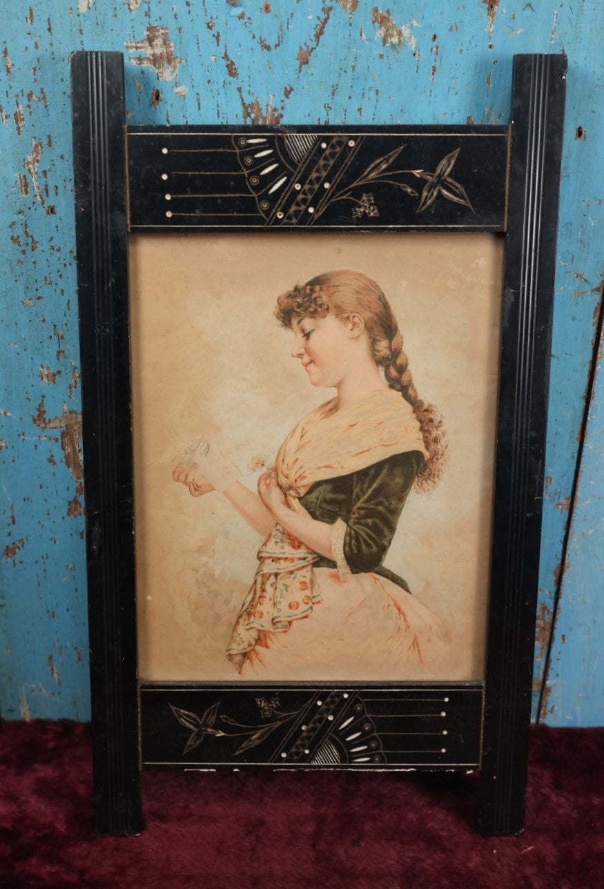 Lot 051 - Antique Ebonized Etched Eastlake Frame With Print Of Young Girl