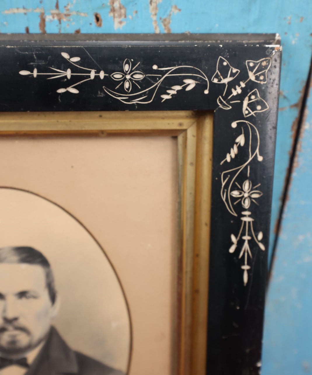 Lot 052 - Antique Ebonized Etched Eastlake Frame With Paint And Pastel Touched Up Photo Of Man