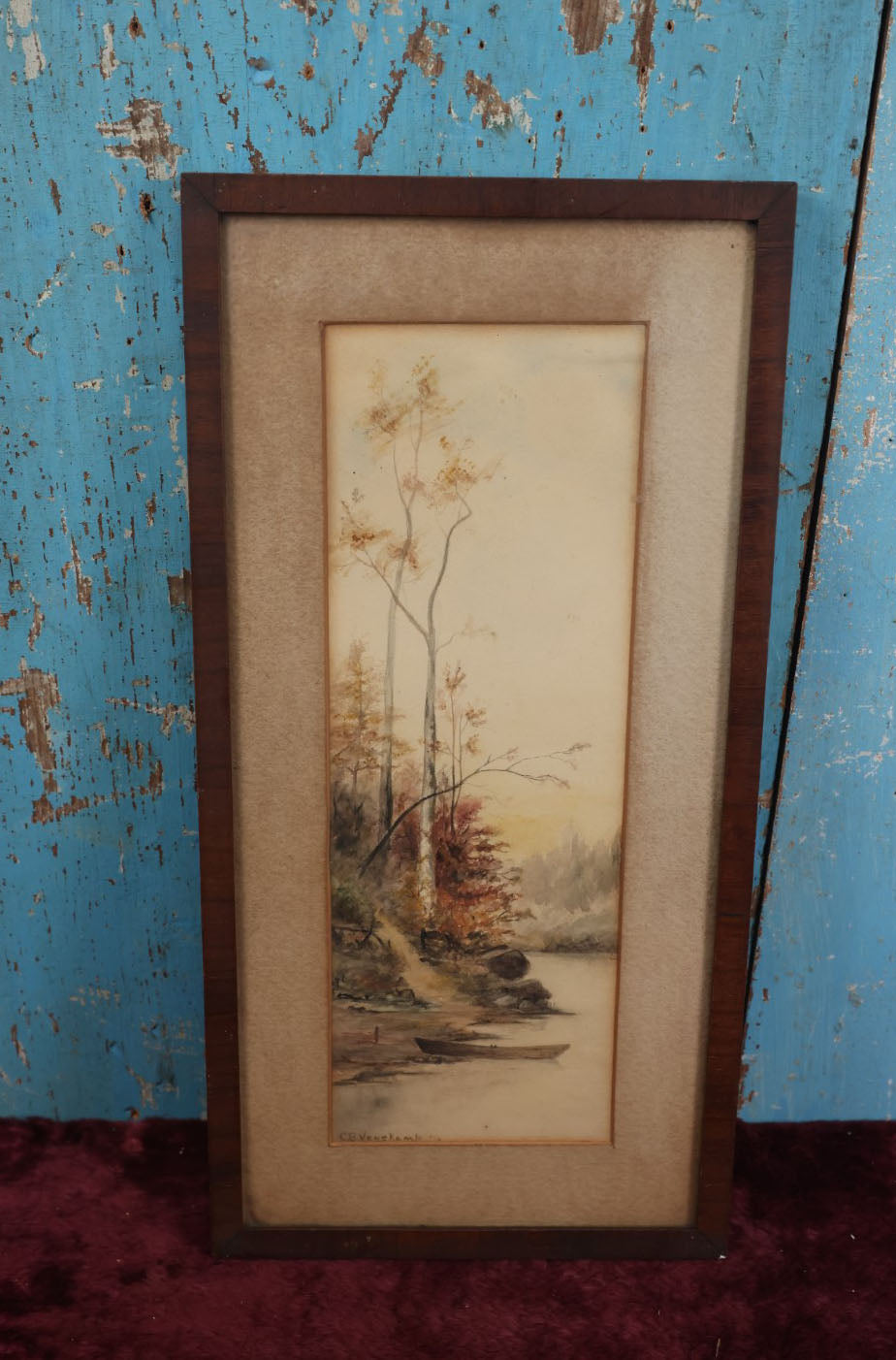 Lot 053 - Antique Original Landscape Watercolor Painting Depicting A Boat On The Side Of A River Bank, Birch Trees, Artist Signed C.B. Venekamb, 1916