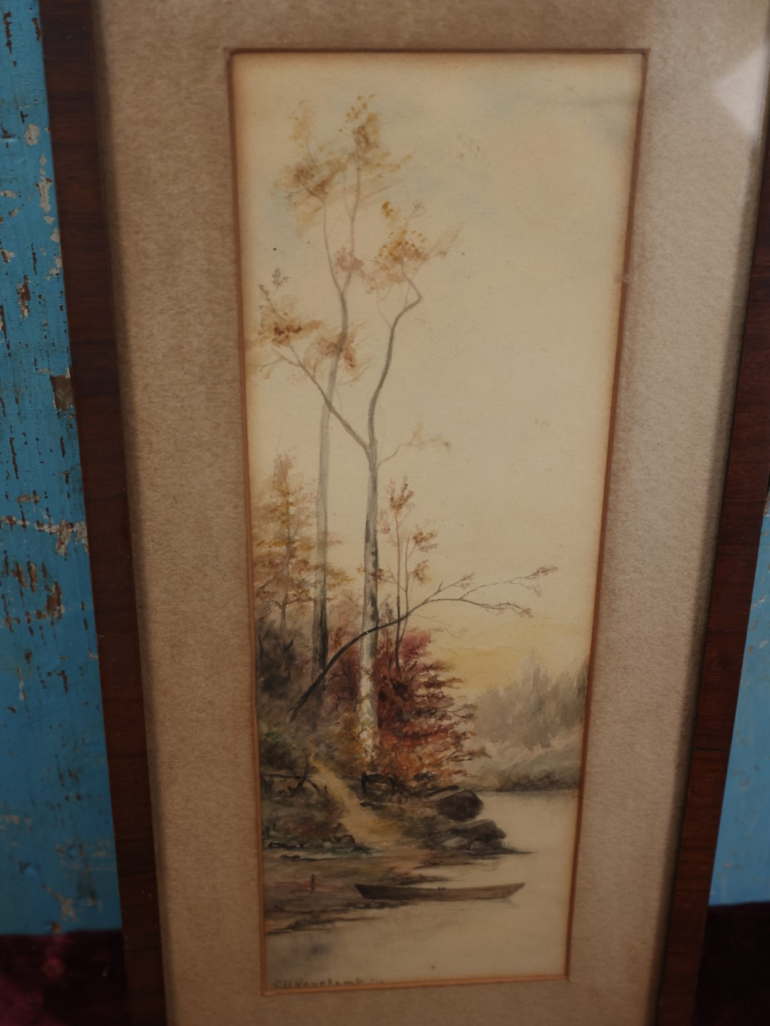 Lot 053 - Antique Original Landscape Watercolor Painting Depicting A Boat On The Side Of A River Bank, Birch Trees, Artist Signed C.B. Venekamb, 1916