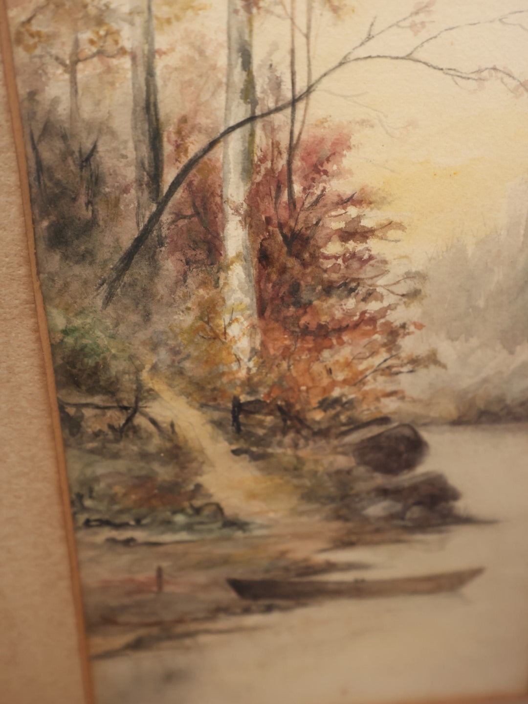 Lot 053 - Antique Original Landscape Watercolor Painting Depicting A Boat On The Side Of A River Bank, Birch Trees, Artist Signed C.B. Venekamb, 1916