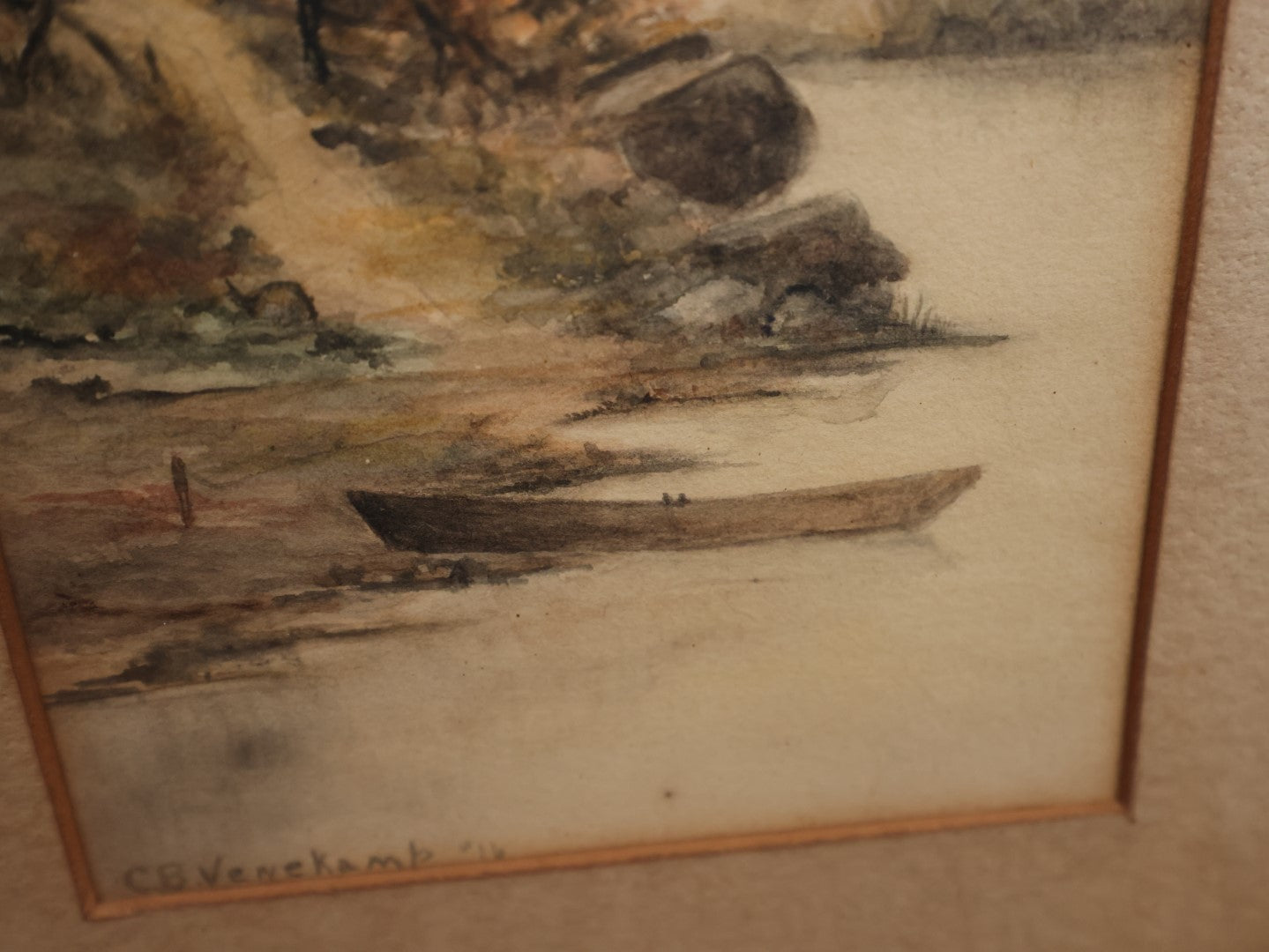 Lot 053 - Antique Original Landscape Watercolor Painting Depicting A Boat On The Side Of A River Bank, Birch Trees, Artist Signed C.B. Venekamb, 1916