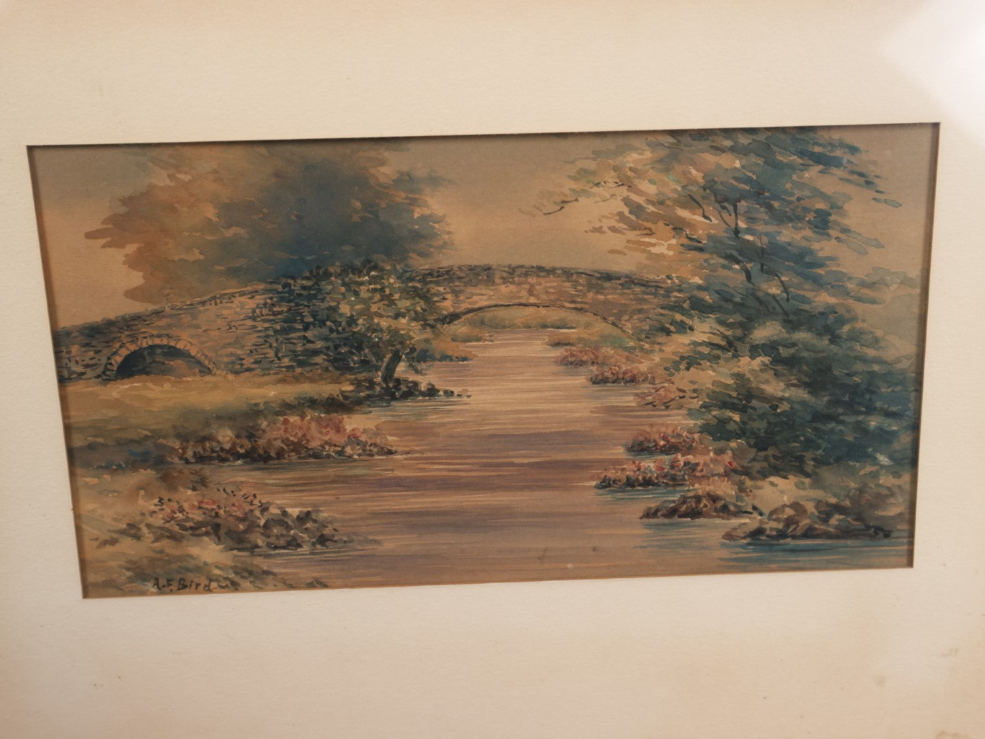 Lot 054 - Antique Original Watercolor Painting Of A Bridge Over A River With Foliage, Artist Signed A.F. Bird